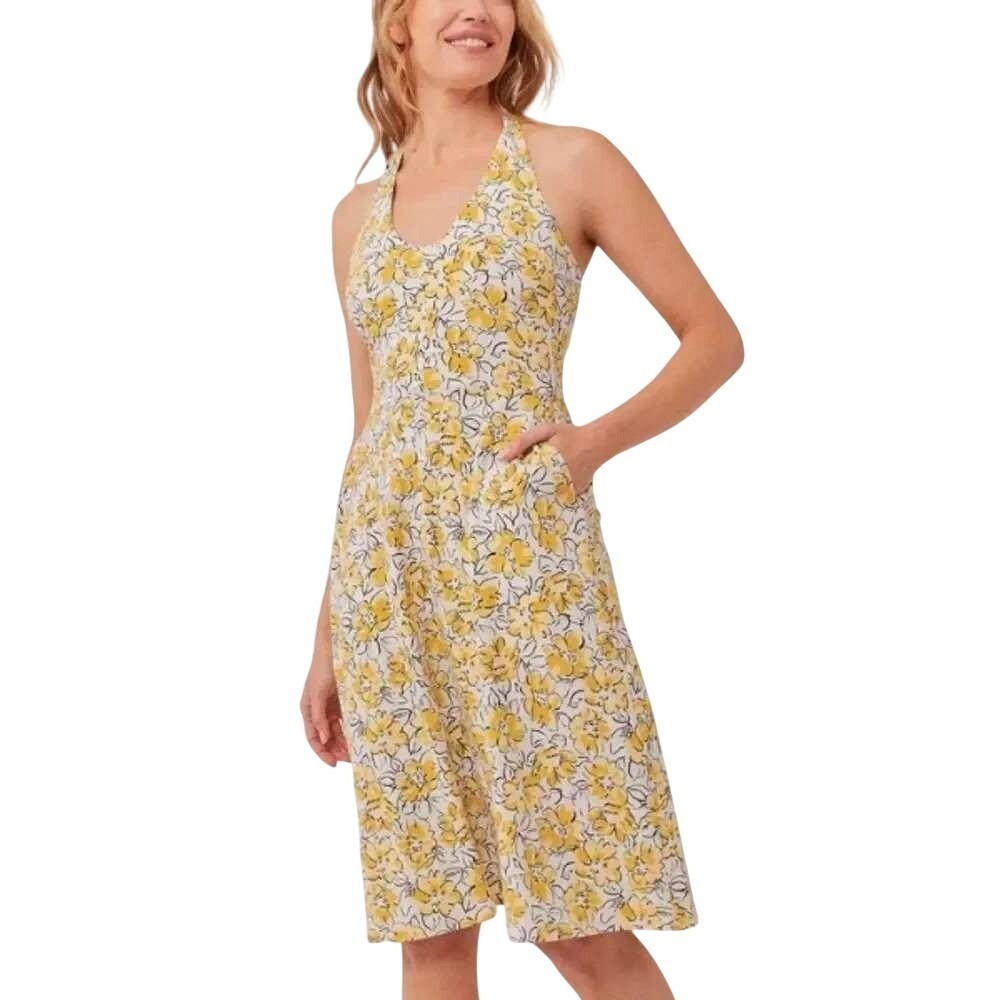Pact Reverie Floral Fit & Flare Mini Halter Dress Womens S Yellow Organic Cotton